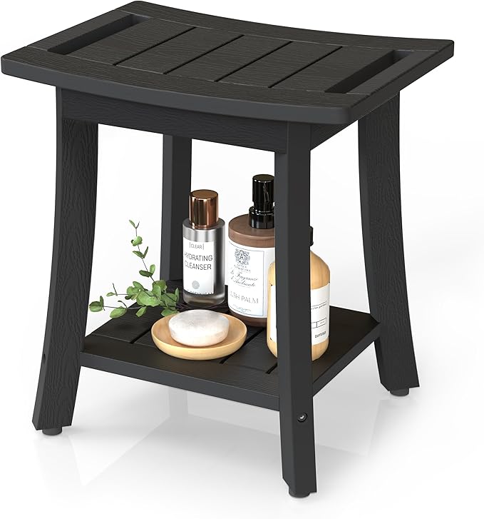Waterproof Shower Benches for Inside Shower, Poly Lumber Shower Stool with Storage Shelf & Adjustable Feet, SPA Bathroom Seat Chair for Shaving Legs, Indoor or Outdoor Use, Black