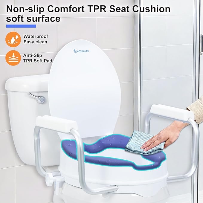 Raised Toilet Seat with Handles - Adds 5 Inch - Toilet Seat Risers for Seniors with Cushion - Supports 300 lbs - for 16'' Standard/Round Toilet - Includes Lid, Elevated Toilet Seat, Blue