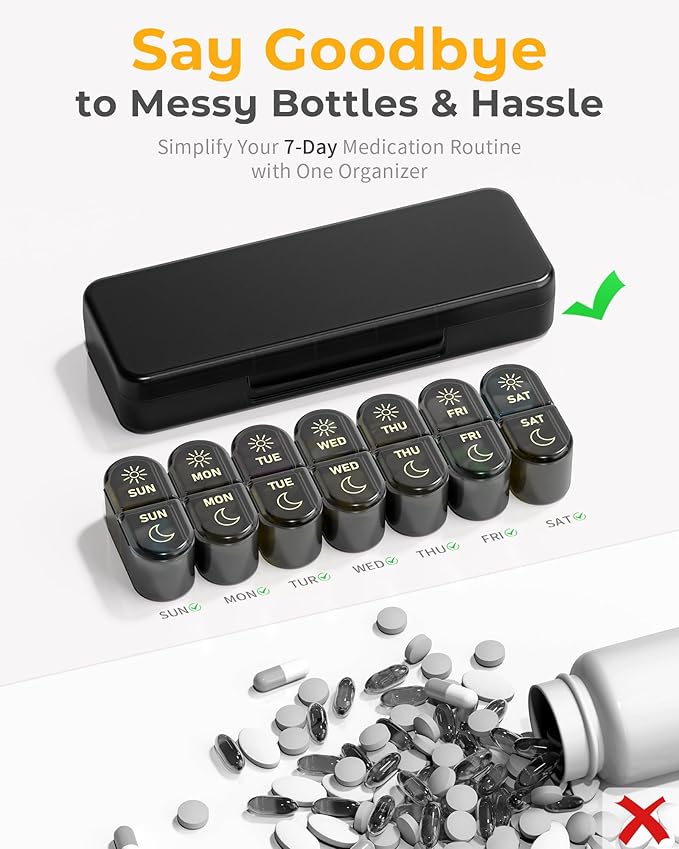 Pillex AM & PM Pill Organizer 7 Days, Weekly Pill Case 2 Times a Day, Pill Box 7 Day, Medicine Pill Organizer for Travel, Vitamins, Fish Oils, Supplements