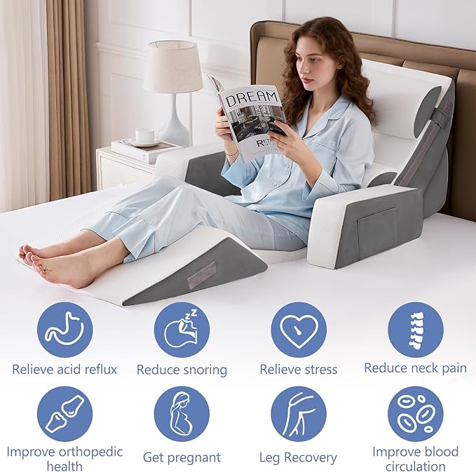 Yojoker 9PCS Orthopedic Bed Wedge Pillow Set for Sleeping, Back and Leg Pain Relief, Post Surgery Foam Pillow for Body, Triangle Adjustable Support Pillow - Acid Reflux Sleeping Pillows Grey