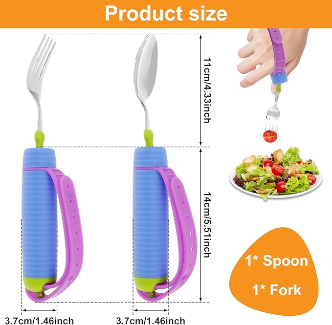 Adaptive Utensils for Elderly, Built Up Bendable Fork, Easy Grip Silverware for Hand Tremors, Weak Hand Grip & Handicapped, Arthritic Hands - Non-Slip Handles, Adaptive Spoon and Fork for Disability