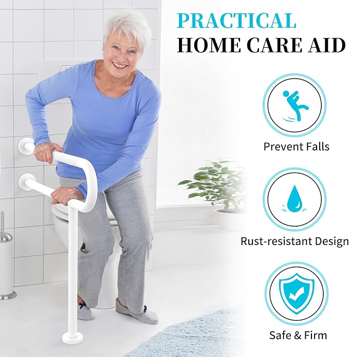 White Toilet Support Rail 31.3X 31.5 Inch, Munzong Anti-Slip Floor to Wall Handicap Grab Bar for Bathroom, Stainless Steel Knurled Safety handrails with Leg for Elderly Disabled Pregnant-1.25’Tube