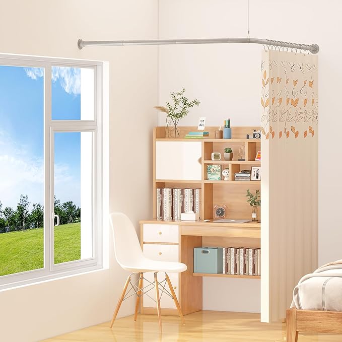 L Shaped Corner Shower Curtain Rod, 24" - 37" x 24" - 37" Adjustable 90 Degree Curved Bathroom Rod Square Rail No Sag with 12 Hooks & Ceiling Support - Silver