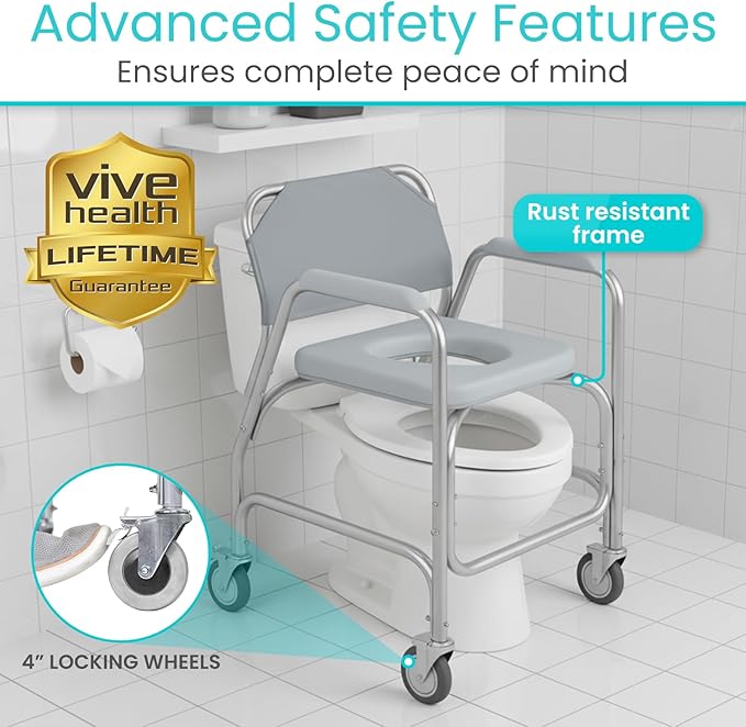Vive Shower Chair & Toilet Riser with Wheels - Rolling Bathroom Seat for Elderly, Disabled, Handicapped - Adjustable Senior Raised Bath Potty Chair with Handles for Adults - w/ Arms & Locking Wheels