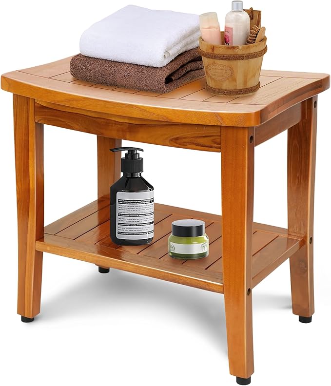 20" Premium Teak Shower Bench with Shelf & Handle, Solid Teak Shower Stool, Durable Wooden Waterproof Seat for Inside Shower, Teak Wood Bench for Bathroom, Indoor & Outdoor Use