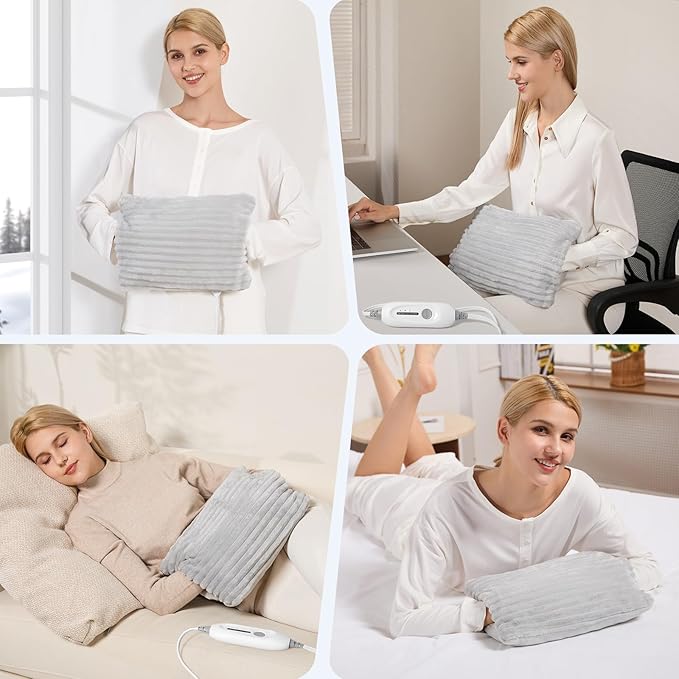 Electric Hand Warmer, Soft Flannel Heated Gloves, Hand Warmer Pouch, Double-Sided Heating Pad for Hands Pain Relief Fingers Arthritis for Women Men Elder, Auto Off & 3 Heat Levels, Light Gray