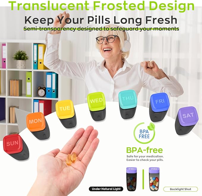 Weekly Pill Organizer 1 Time a Day, HIONXMGA Portable Detachable Travel Pill Box 7 Day, Large Once Daily Pill Holder Case, Color-Coded Dispenser for Vitamin Medicine Supplement Fish Oil, Purple