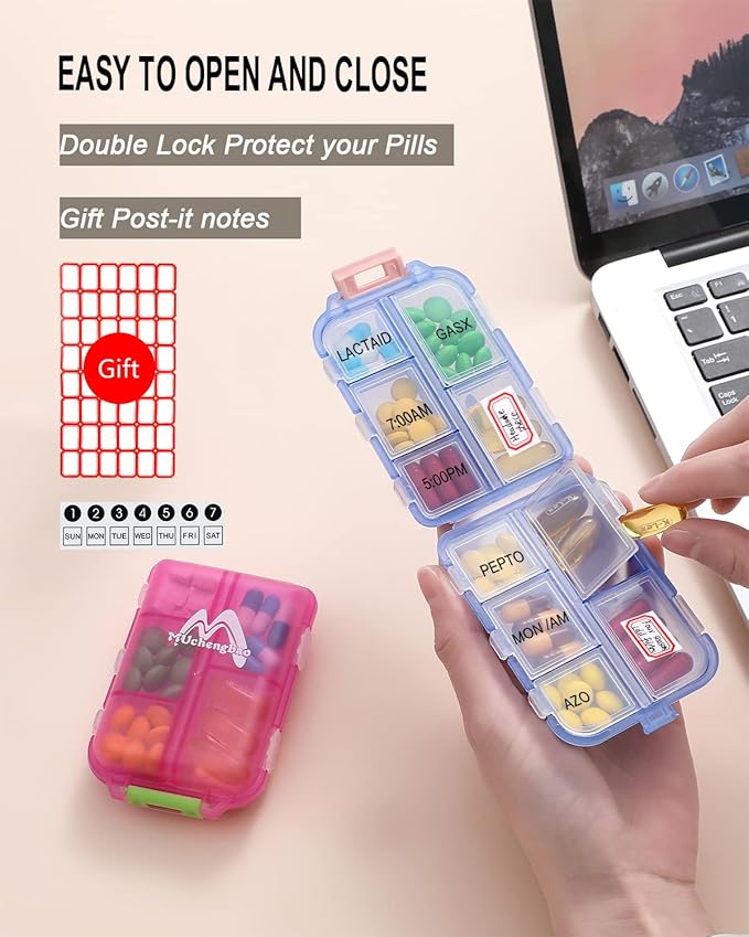 4PS Travel Pill Organizer with 164 Slice Labels，10 Compartments Travel Pill Box Portable Folding Small Pill Case Daily Pill Container Used for Carry Storage Medicine Organizer By M MUchengbao (Pink)