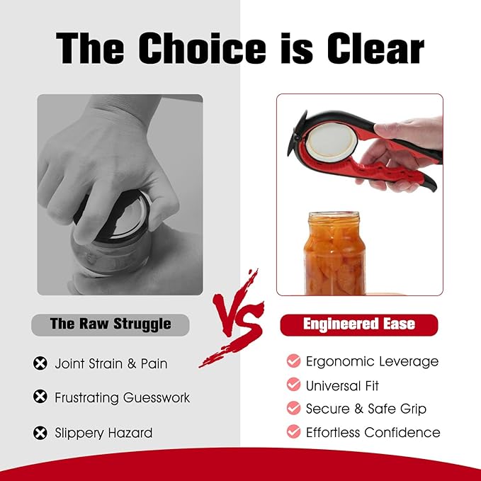 Jar Opener Bottle Opener, 5-in-1 Multi-Function Can Opener with Ergonomic Non-Slip Handle, Kitchen Tool Set for Weak Hands, Seniors with Arthritis, Red