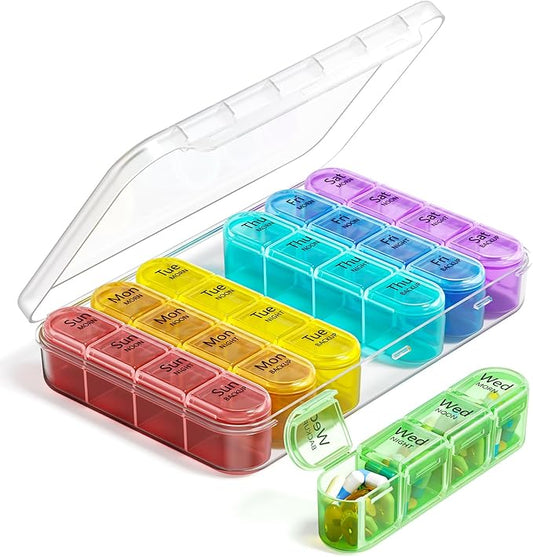 Odaro Weekly Pill Organizer 4 Times a Day, Daily Pill Box 7 Day, Large Travel Pill Case with 28 Compartment to Hold Medicine, Vitamin and Supplement - White Case