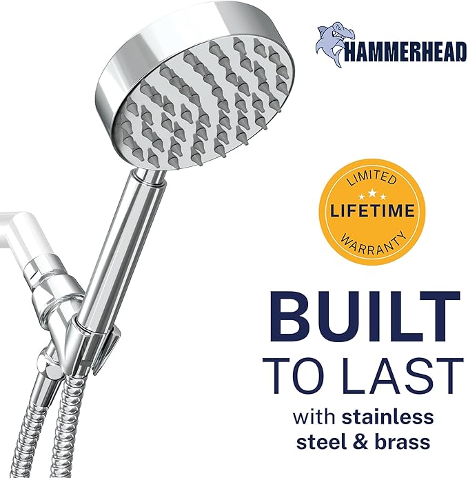 HammerHead Showers® Solid Metal LOW FLOW Handheld Shower Head with Hose and Brass Holder - CHROME – Water Saving 1.75 GPM Detachable Shower Head - Adjustable Shower Wand Bracket & 6ft Hose