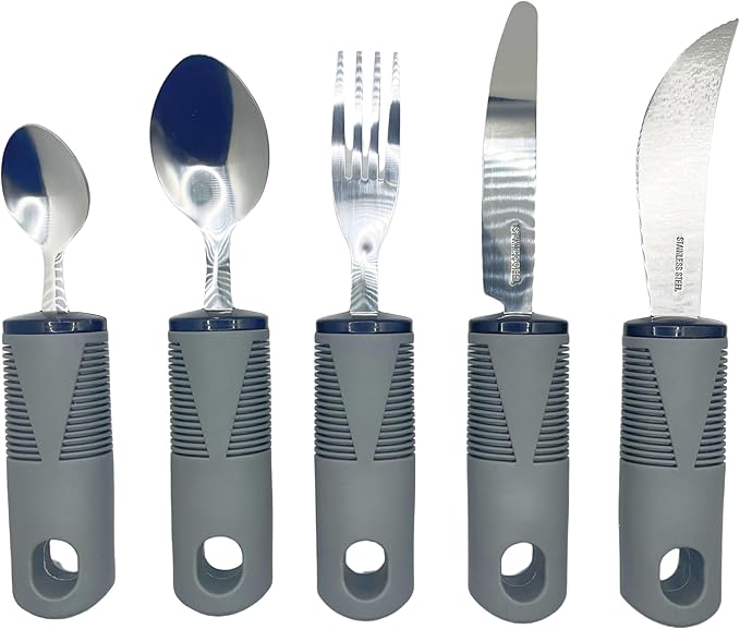 Adaptive Utensils 5 Piece Set Weighted Utensils for Hand Tremors Easy Grip Parkinsons Utensils Extra Wide Handles Built up Utensils for Adults with Knife Fork Spoon for Disabled Arthritis People（Grey）