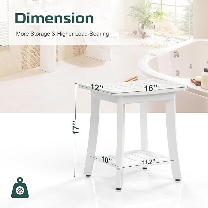 Waterproof Shower Benches for Inside Shower, Poly Lumber Shower Stool with Storage Shelf & Adjustable Feet, SPA Bathroom Seat Chair for Shaving Legs, Indoor or Outdoor Use, White