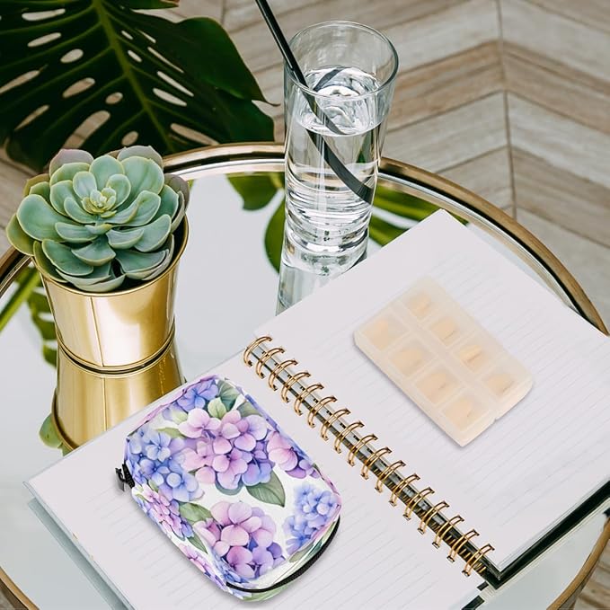 Watercolor Flower Pill Box Small Pill Travel Organizer 7 Day Weekly Purple Floral Medicine Pill Case Cute Compact Size Vitamin Container Pill Bottle Portable Pill Holder Bag with Zipper