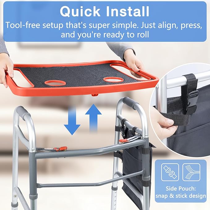 Walker Tray for Seniors with Dual Cup Holders, Side Pouch and Non-Slip Pad, Lightweight Durable Food & Drink Table, Compatible with Walker of 10210-1 Model (Red)