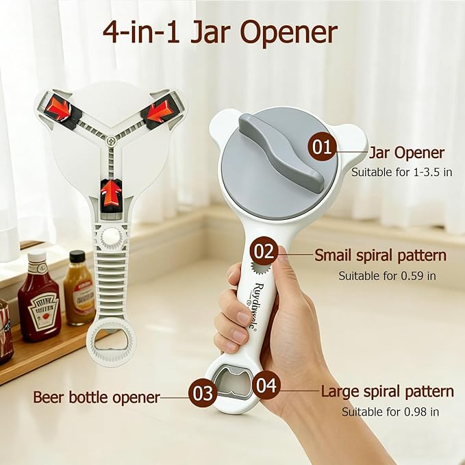 4-in-1 Jar Opener, Adjustable Jar Opener for Seniors, Kitchen Tool Designed Specifically for Seniors and Those with Limited Physical Strength, Suitable For Beer, Salad Dressing,Jar(Sky Grey)