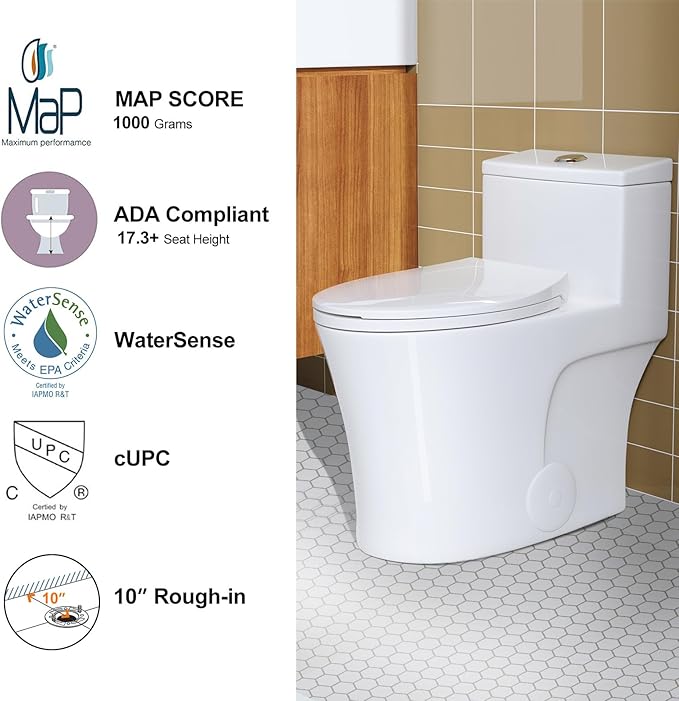 HOROW T0338W One Piece Toilet 10" Rough-in, Elongated Toilet with Comfortable Seat Height, ADA Chair Height 17.3", Dual Flush 0.8/1.28 GPF, Standard White Toilet Bowl, Space Saver Design