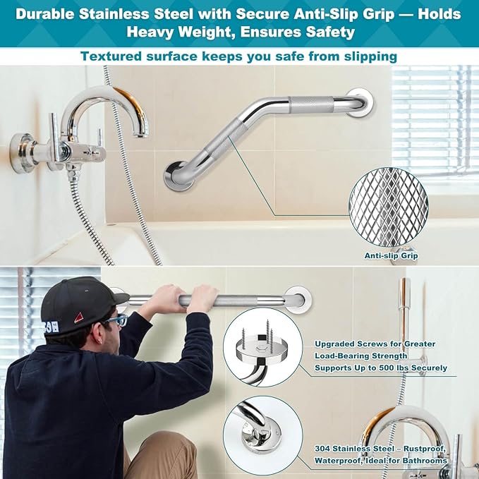 Grab Bars for Bathtubs and Showers, 16-Inch and 12-Inch Anti-Slip Bathroom Shower Grab Bars for Seniors Wall, Safety Angled Handicap Grab Bars Stainless Steel, Shower Handle for Elderly, Wall