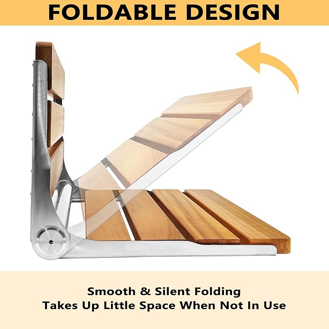 Folding Shower Seat Teak, Bath Safety Furniture Stainless Steel, Shower Seats for Elderly, Fold Down Shower Seat, Oak and Stainless Steel