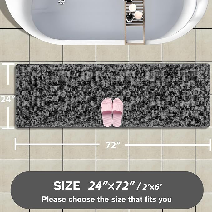 Bathroom Runner Rug 24 x 72 Non Slip – Extra Long Bath Mat | Absorbent and Washable Thick Chenille Runner Rug for Bathroom, Shower, Tub, Sink(Gray)