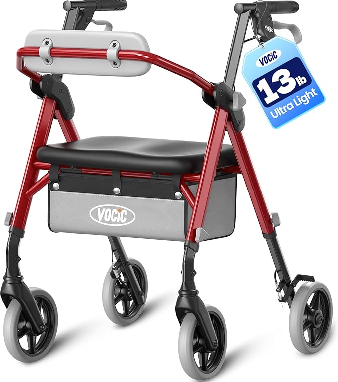 VOCIC Walkers for Seniors, Z12 Rollator Walker with Seat, Ergo Seat & Backrest, Foldable Rollator Adjustable Height, All Terrain Walker, Ultra Light