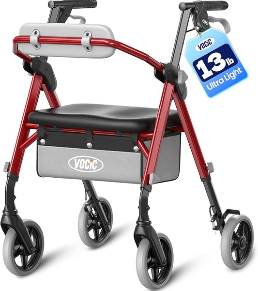 VOCIC Walkers for Seniors, Z12 Rollator Walker with Seat, Ergo Seat & Backrest, Foldable Rollator Adjustable Height, All Terrain Walker, Ultra Light