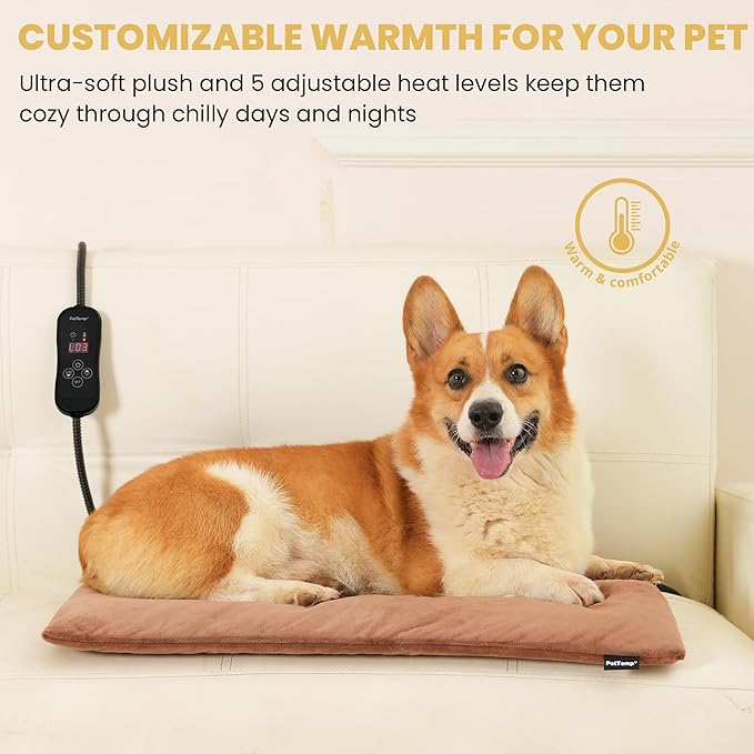 Large Dog Heating Pad & Heated Pet Bed for Big Dogs and Multiple Pets, Waterproof Pet Heating Pad with 5 Adjustable Heat Settings, Timer, Auto Shut-Off and Chew Resistant Cord, 26'' x 20''