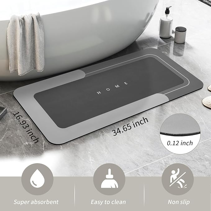 Housego Absorbent Bath Mat Magic Rug, Quick Drying Magic Bath Mat Non-Slip Floor Rug Rubber Backed for Bathroom Kitchen Shower Sink, Water Absorbent (1PC, 16.93''x34.65'', Dark Gray)
