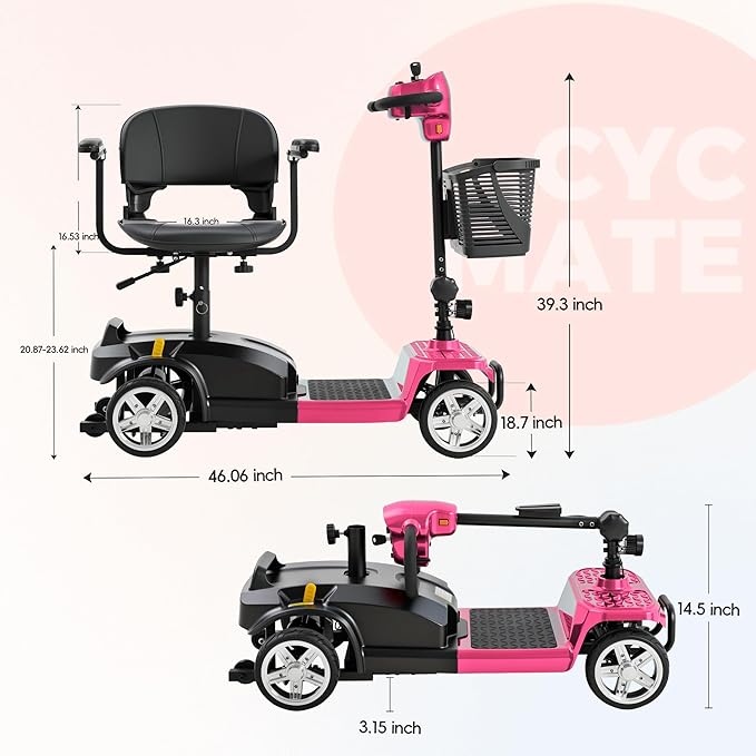 4 Wheel Mobility Scooter for Seniors & Adults 15 Mile Range, 6 MPH Powered Mobility Scooter with 300 lbs Capacity, Foldable Compact Mobility Scooter for Travel, Electric Wheelchair