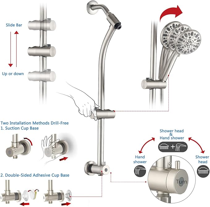 High Pressure 48-Settings Shower Head with Handheld Shower,Drill-Free 3-Way Diverter for Easy Reach,Adjustable Height Slide Bar Dual Shower Head Combo Set - Brushed Nickel