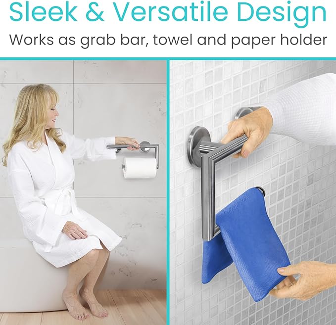 Vive Grab Bar with Toilet Paper Holder (350lbs) - Handrail Bar Combo for Bathroom Wall - Safety Support for Elderly, Seniors & Disabled - Handicap Assist for Restroom Walls & Getting up from Toilets