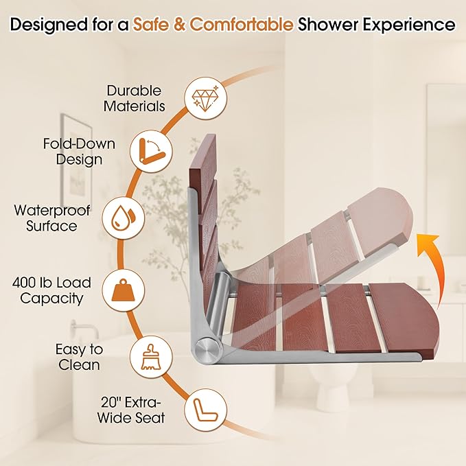 20" Folding Shower Seat, Fold Down Shower Seat Wall Mounted, Stainless Steel Frame with HDPS Seat, 400 lb Load Capacity, Folding Shower Bench for Seniors & Elderly (Red)