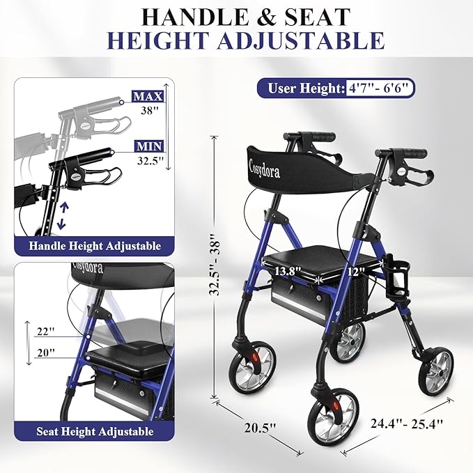 Cosydora Rollator Walkers for Seniors with Seat, 13.6 Lbs Ultra Lightweight Foldable Rolling Walker, 350Lbs Heavy Duty Aluminum, 8" All Terrain Wheels, Dual Adjustable Height, Navy Blue