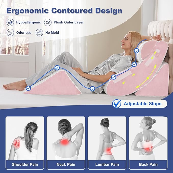WSOFRLAC 4PC Geriatric Wedge Pillow System - Elderly Bed Wedges for Sitting/Sleeping, Post Surgery Body Positioner with Non-Slip Base (Ideal for Seniors & Pregnancy), White Pink