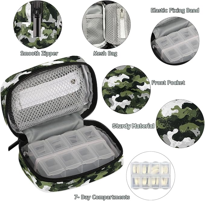 Weekly Travel Pill Organizer Case for Purse with Removable 7 Day Box Portable Compact Size Pill Box Fashionable Pill Container for Medicine Vitamin Supplement Army Camouflage Green