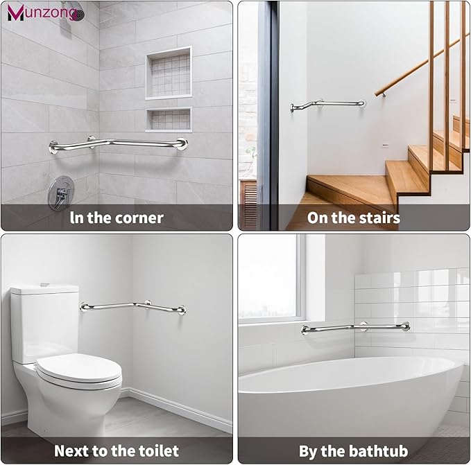Angled Shower Grab Bar, Munzong Anti Slip Chrome Bathroom Grab Bar, L-Shaped Knurled Balance Bar, Safety Hand Rail Support Handicap Elderly Injury Senior Assist Bath Handle