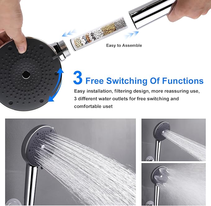 Rain Shower Head with Filter and Handheld, 8 Inch High Pressure and 3 Spray Modes Shower Head, Dual Showerhead Set with Extension Arm and 60 Inch Shower Hose, Shower Head Filter for Hard Water, Chrome
