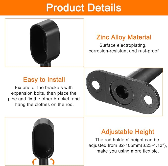 uxcell 2 Pcs 1.22 x 0.63 Closet Rod Support Bracket, Rod Holder Wardrobe Accessories Clothes Rail Seat for Bedroom Bathroom, Black