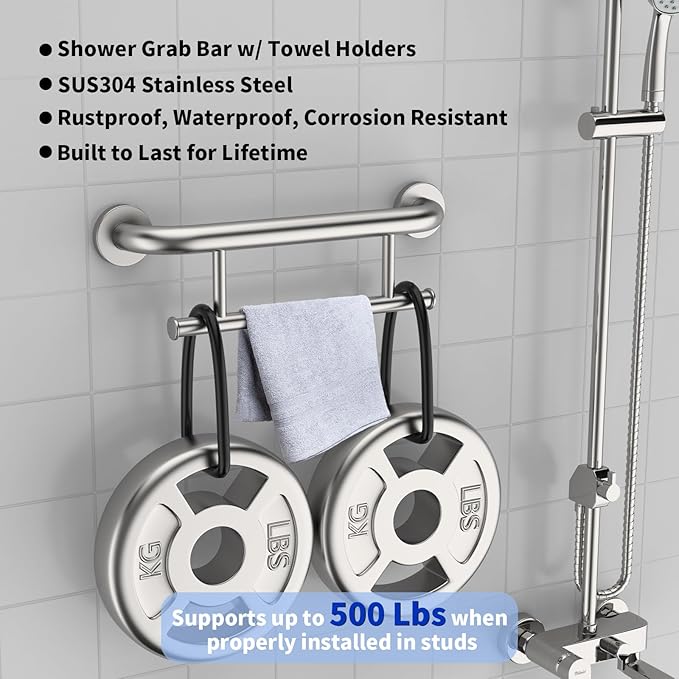 Brushed Nickel Grab Bar 17 Inch w/Towel Holder, iHansee Stainless Steel Shower Towel Bar Bathroom Balanced Support Handle, Wall Mount Safety Handrail Grab Rail for Elderly Senior Handicap Disabled