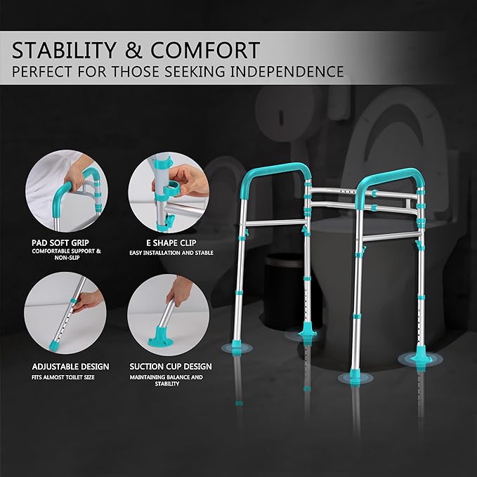 Lianjindun Toilet Safety Rails, Adjustable Toilet Frame for Elderly, Seniors, Handicap & Disabled, Foldable Handicap Toilet Handles Fit Any Toilets（Peacock Blue）