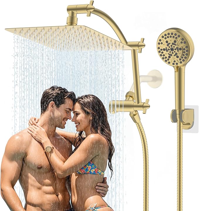 Hibbent All Metal cUPC Certified Shower Head, 10'' High Pressure Rain Shower Head, Handheld Showerhead Combo with 16'' Adjustable Extension Arm, 10 Sprays, 71'' Hose, Shower Holder, Brushed Gold