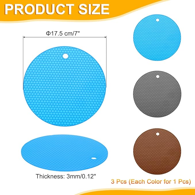 uxcell 3pcs Silicone Jar Opener Pads, 17.5cm/7" Texture Can Opener Multipurpose Round Bottle Lid Opener Non-Slip Coasters for Weak Hands Seniors Children, Brown, Gray, Blue