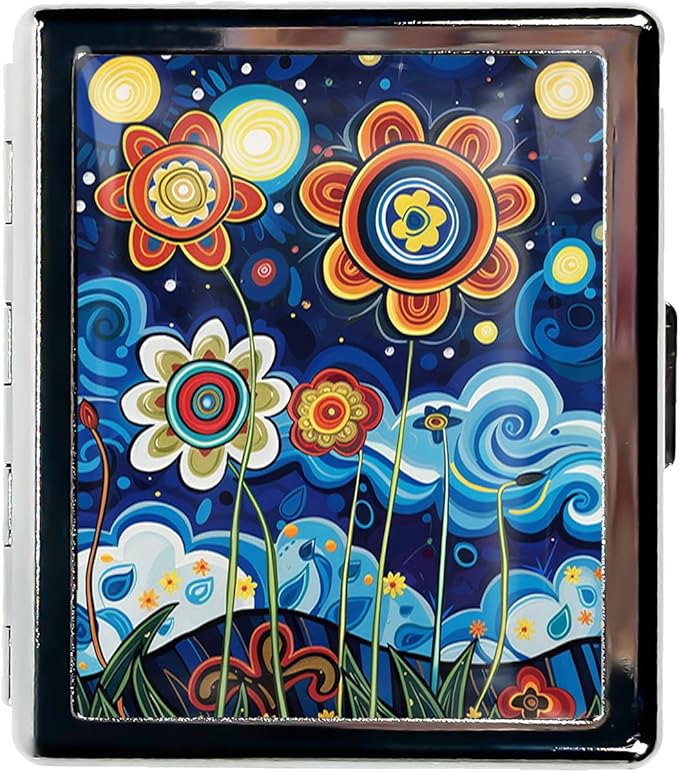 Metal Pill Organizer Box with Mirror – 8 Compartment Chrome Pill Case, Pocket-Size Travel Pill Container for Vitamins, Seniors, Daily Use (Bold Floral Night)