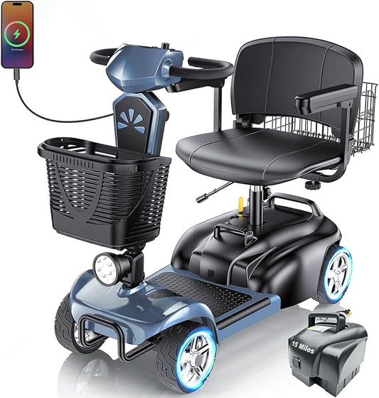 15/25/30/50Miles Eldryvon 4 Wheels Electric Mobility Scooter for Seniors, Dual Basket, 350W Powered Wheelchair with Rotating Seat, Foldable Motorized Scooter for Adults (Grey, 30Miles)