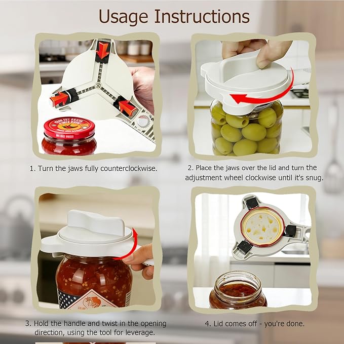 4-in-1 Jar Opener, Adjustable Jar Opener for Seniors, Kitchen Tool Designed Specifically for Seniors and Those with Limited Physical Strength, Suitable For Beer, Salad Dressing, Jar(White)