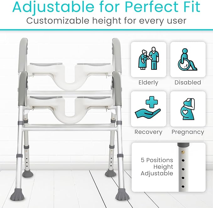 Vive Shower Chair for Elderly & Disabled - Handicap Bath Chair with Arms & U-Shape - Foldable, Adjustable Height - Padded Soaking w/Back & Drain Hole - Portable, Non-Slip, Safe Disability Aid