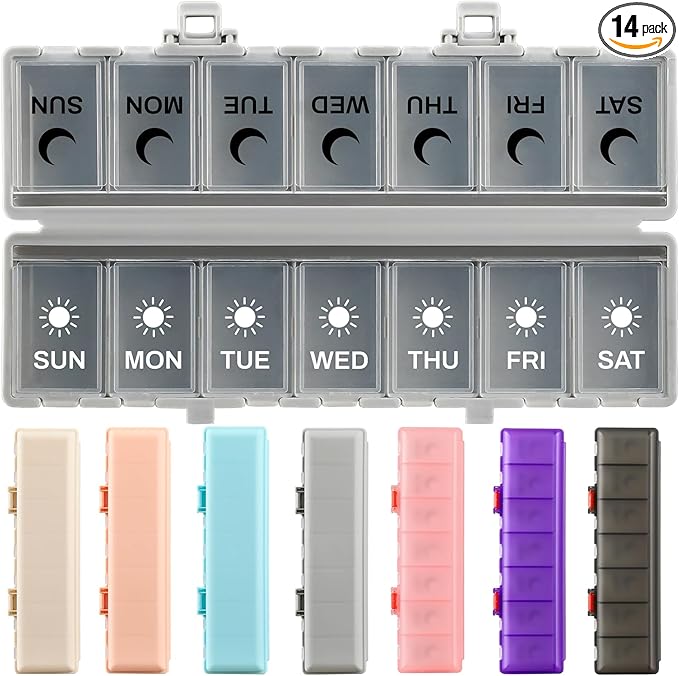 Foldable Pill Organizer Weekly 2 Times a Day, 7 Day Portable AM PM Travel Pill Case with Black&White Labels, Dual-Protection Daily Medicine Box, Large Pill Container for Vitamin/Supplement-Grey