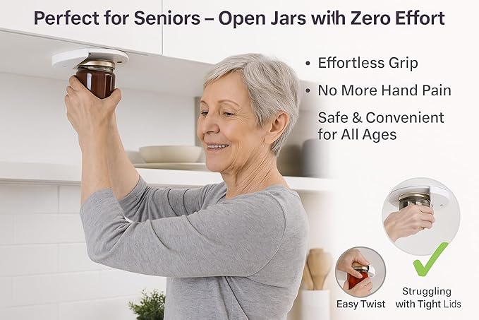 1 Pack Easy Grip Jar Opener for Seniors - Under Cabinet Jar Openers for Weak Hands, Arthritis jar opener, One Handed Gadgets & Bottle Opener - Kitchen Gadgets for Home Assistance