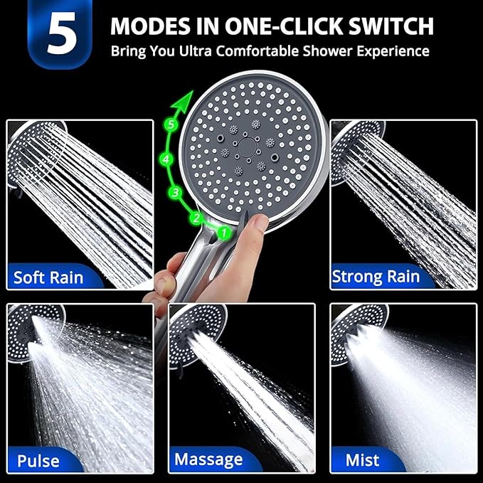 Handheld Shower Head, High Pressure Shower Head With 80" Hose And Adjustable Bracket, Anti-Clog Nozzles, 5 Spray Setting Showerhead, Chrome