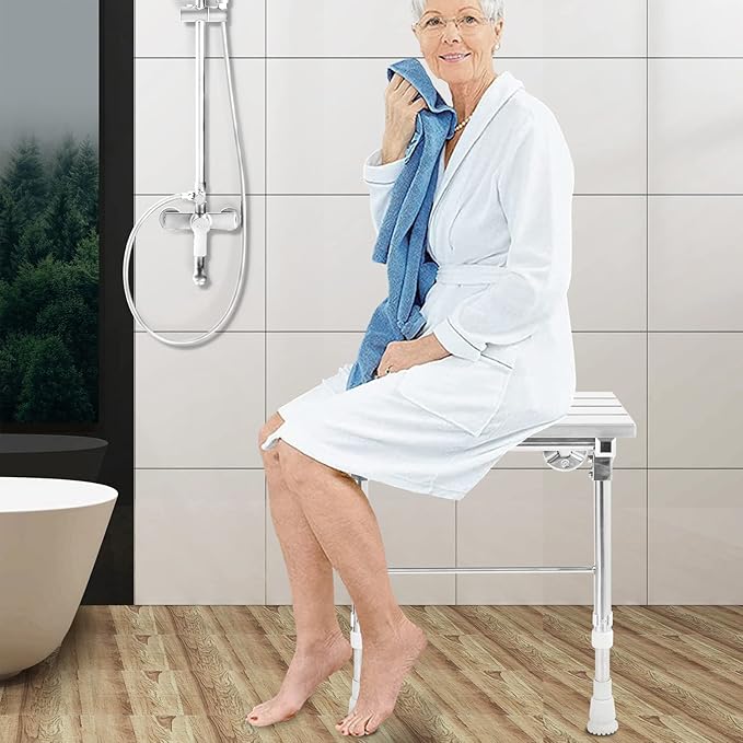 Folding Shower Seat Wall Mounted with Legs, Foldable Shower Chair for Inside Shower, Fold Down Shower Bench for Seniors (White, Height Adjustable)